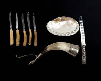 Lot Of 8 Vintage Tableware Dishes And Utensils, Including Sterling Silver, Silver Overlay, And Horn