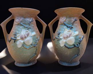 Pair Of Vintage Roseville Pottery Magnolia Vases