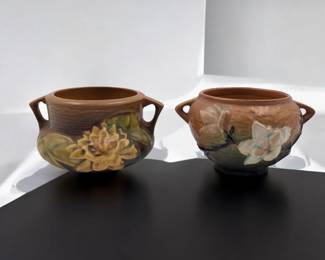 Pair Of Vintage Roseville Pottery Brown Handled Jardinieres, Water Lily And Magnolia Pattern