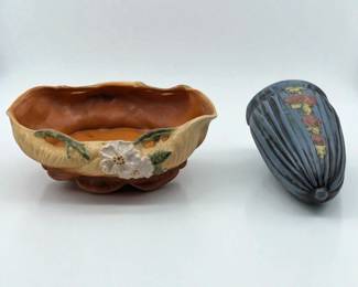 Pair Of Vintage Weller Pottery Pieces, Roba Center Bowl And Blue Drapery Rose Wall Vase