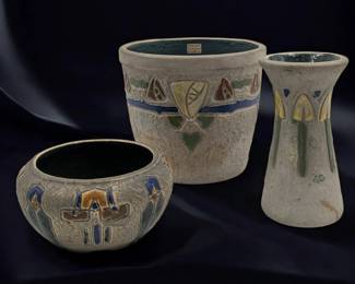 Pair Of Antique Grey Roseville Mostique Pottery Planters And A Vase