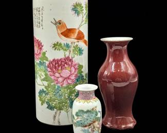 Lot Of 3 Vintage Chinese Vases, Two Famille Rose (Both Marked) And One Oxblood
