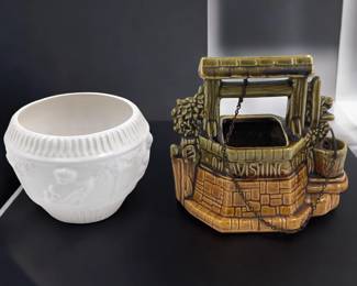 Vintage Roseville Ivory Donatello Jardiniere And A Vintage McCoy Wishing Well Pottery Planter