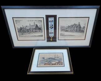Grouping Of Framed Vintage Chinese Whaling Etching And Framed Shakespear Cottage Etchings