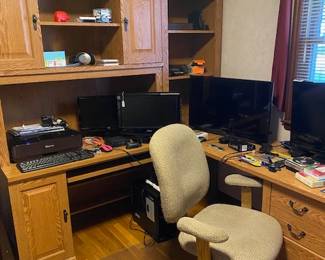 desk, monitors, chair, printer