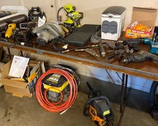 Ryobi tire pump and drill, disc sander,