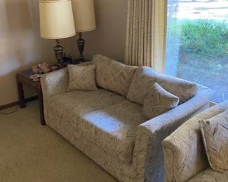 love seat, glass top end tables, vintage brass table lamps