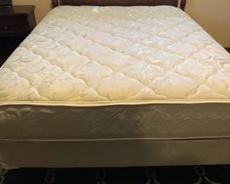 Queen bed, headboard, mattress, box spring, and frame