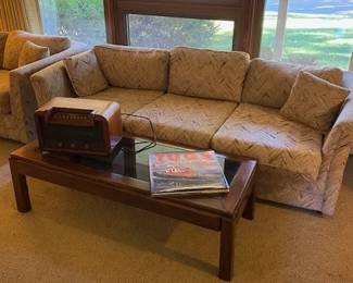 couch, glass top coffee table, Bendix vintage tube radio