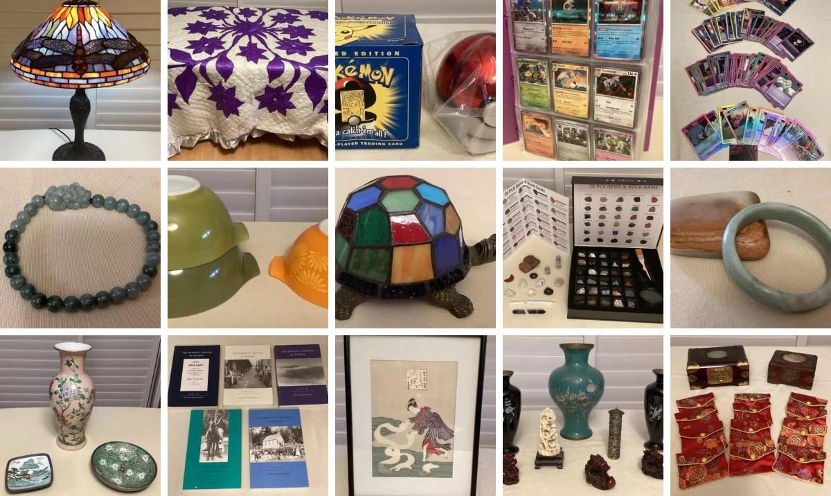 MILILANI MAUKA PICKS CTBids Online Auction • Bidding Ends 11/19/25 • Pickup 11/21/25
Great picks, ready for Christmas? This auction features fine jade jewelry, collectible Pokemon cards, figurines and other trading cards, brand new activities kits, toys & more for kids, Hawaiian books for
children, art, handmade Hawaiian patchwork quilts & blankets, Tiffany style lamps, vintage clothing, collectibles, and so much more!
Happy bidding!