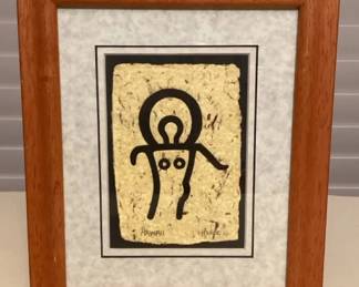 MMP144 Koa Veneer Framed Natural Fiber Hawaiian Petroglyph Woodblock Print