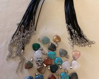 MMP140 Twenty-Five Polished Stone Heart Pendants & Black Cord Necklaces New