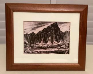 MMP145 Koa Framed Etched Drawing Print Titled Kaneohe Landscape