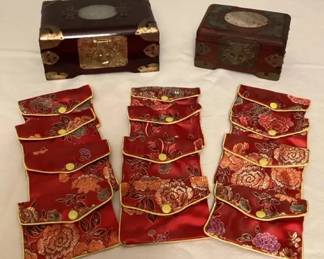 MMP005 Chinese Wooden Jewelry Boxes & Twelve Embroidered Satin Pouches