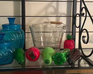 Moreno Style Glass Veggies Fruit, L.E. Smith Aqua Blue Canister Set, Findley Bellaire Glass Basket