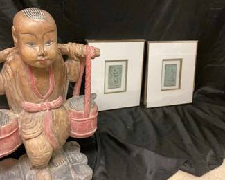 Large HandCarved Wooden Fisherman With Turtles  2 Etchings Of Rural Scene 