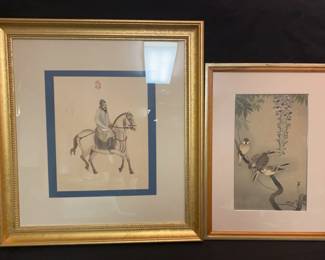 Japanese Print, Sparrows On Wisteria And Horse And rider