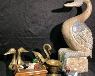 Waterfowl Decor, Wood, Brass Like And Ceramic 