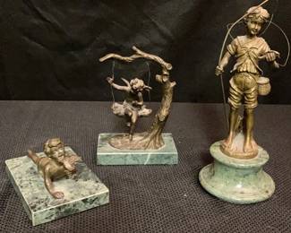2Auguste Moreau Bronze Angel Sculptures on Marble Base and 1Ting Chi Bronze Sculpture