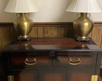 Wood Cabinet W 2 Drawers And 2 Shelves, 2 Brass Colored Lamps