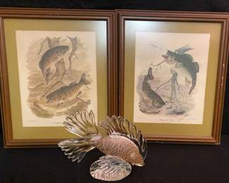 Howard Fain, Small Large Mouth Bass Prints And Glass Fish Sculpture 