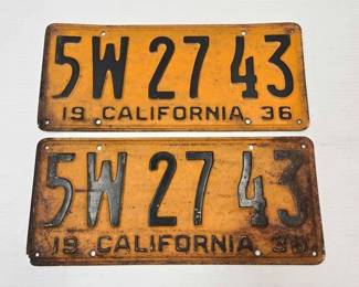 2141  Matching Pair of 1936 Vintage California License Plates 