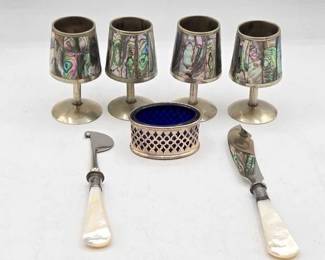 2102  Alpaca Mexico Silverplate and Albalone Shot Set  More 
