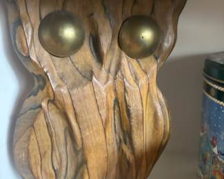 Mid Century Carved Wood Owl with Brass Eyes
