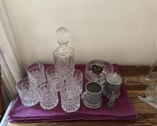Set of 6 Gorham Crystal Old Fashioned Glasses, Pewter Sugar Bowl & Creamer Pitcher