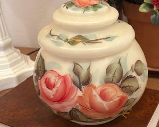 Milk Glass Lidded Jar with Hand Painted Floral Design