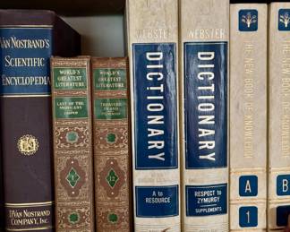 Van Nostrand's Scientific Encyclopedia, 1936 Worlds Greatest Literature 2 Volumes "Last of the Mohicans" & "Treasure Land", The New Webster Dictionary of the English Language, The New Book of Knowledge Children's Encyclopedias