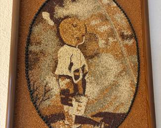 Framed Folk Art Seed Mosaic of Boy with Bucket