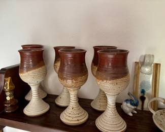 Set of 6 Brown & Cream Pottery Goblets - Signed Decka