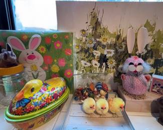 Assortment of Easter Decor, Western Germany Paper Mache Pink Bunny