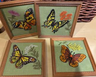 4 Matching Framed Butterly Crewel Embroidery