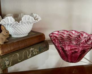 Hobnail Milk Glass Ruffled Edge Bowl, Egermeier's Bible Story Book, 1905 The Golden Treasury of Poetry and Song by Henry T. Coates, Cranberry & Clear Swirl Art Glass Bowl with Ruffled Edge