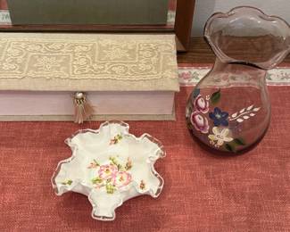 Apple Blossom Milk Glass Ruffled Edge Trinket Dish, Teleflora by Fenton Purple Glass Floral Hand Painted Vase