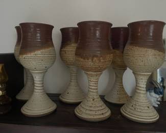 Set of 6 Brown & Cream Pottery Goblets - Signed Decka