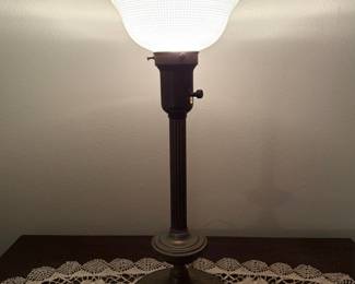 Art Deco Style Brass Table Lamp with Ribbed Glass Globe