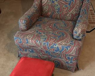 Blue and Red Paisley Upholstered Arm Chair, Queen Anne Style Red Upholstered Foot Stool