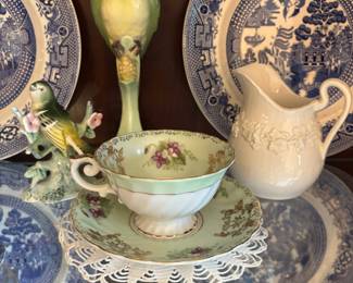 Ucagco China Hand Painted Mint Green & Floral Teacup & Saucer