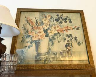 Framed Still Life Floral & Figurine Print by Cecil Golding