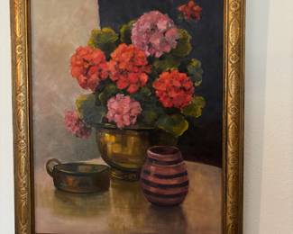 Framed Still Life Oil Painting "Geraniums" by Shirley Ludwig