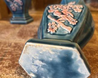 Pair of Blue Hexagonal Chinoiserie Vases with Floral Design