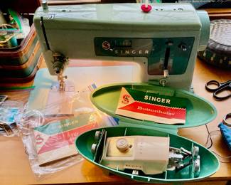 1960s Singer Model 337 Turquoise Blue Sewing Machine & Cabinet, 1960s  Singer Buttonholer Attachment Set