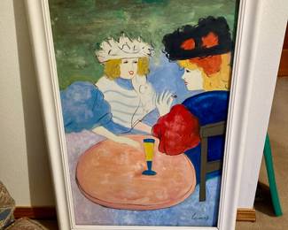 Framed Painting of Two Women at Cafe Signed Camy