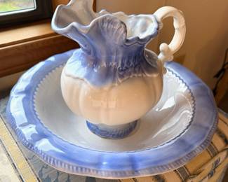 1975 Arnel's Pottery Large Blue & Cream Pitcher with Basin