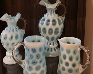 Blown Glass Blue Opalescent Coin Dot Pitchers