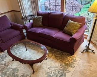 Bassett Furniture Burgundy Couch & Matching Arm Chair, Queen Anne Style Oval Glass Top Coffee Table, Traditional  Floor Lamp with Ornate Base 
