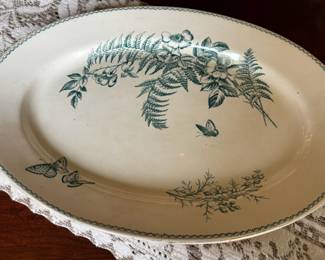 John Dimmock & Co. Adonis Green Transfer Ware Platter with Floral & Butterfly Design